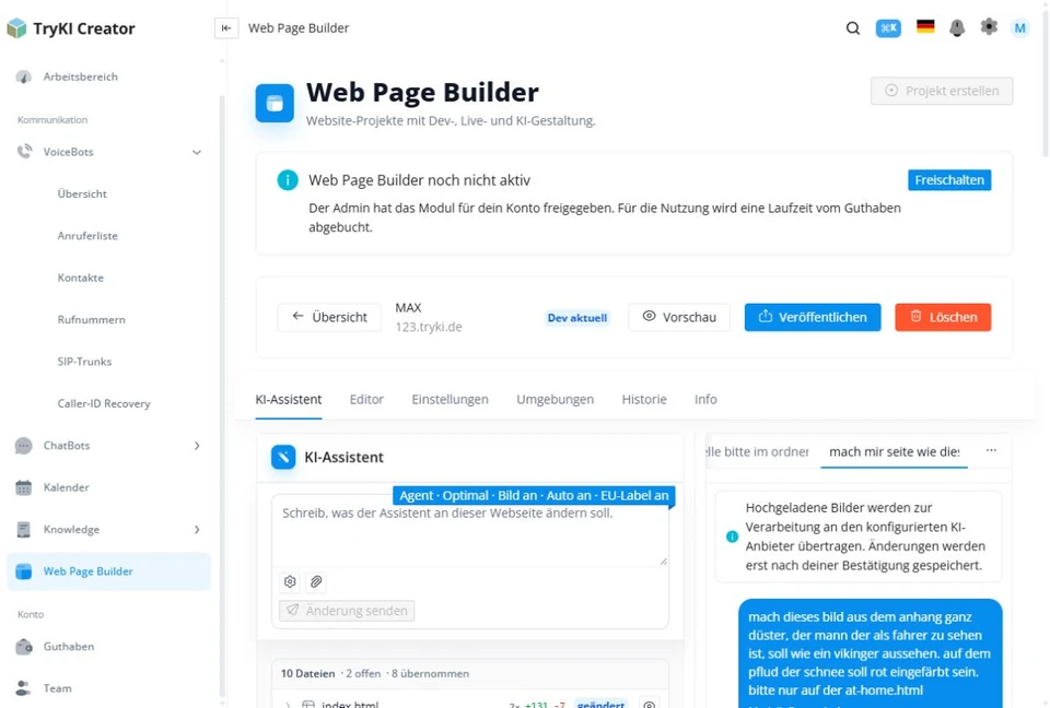KI-Assistent im TryKI Web Page Builder mit Änderungen an einer Website