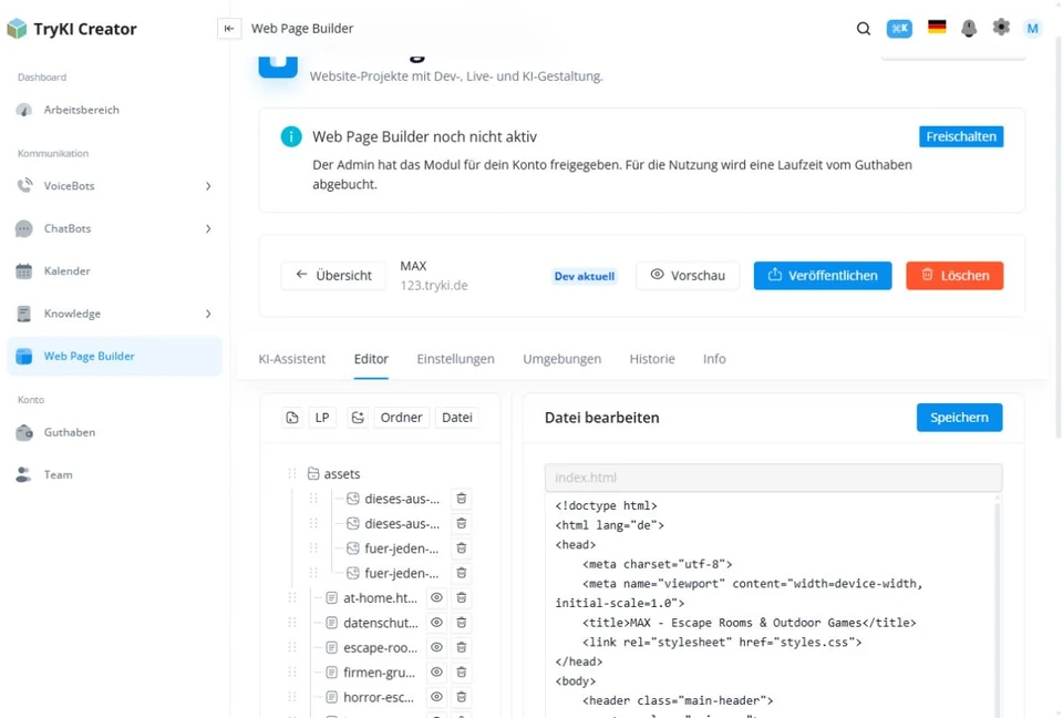 Dateibaum und Code-Editor im TryKI Web Page Builder