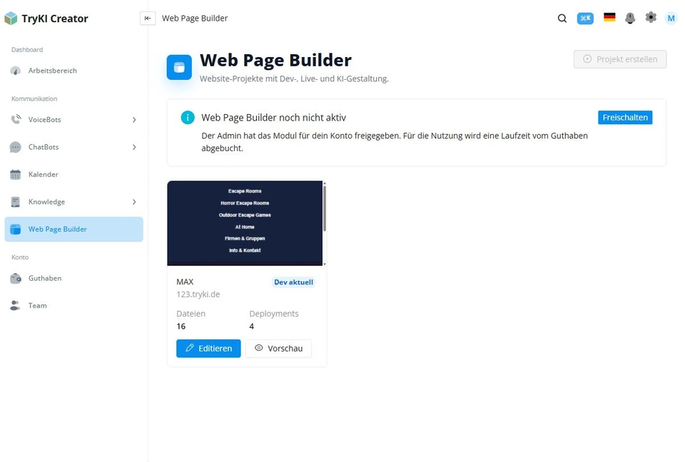 Projektübersicht im TryKI Web Page Builder
