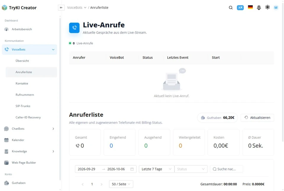 Anruferliste mit Status, Dauer und Kosten