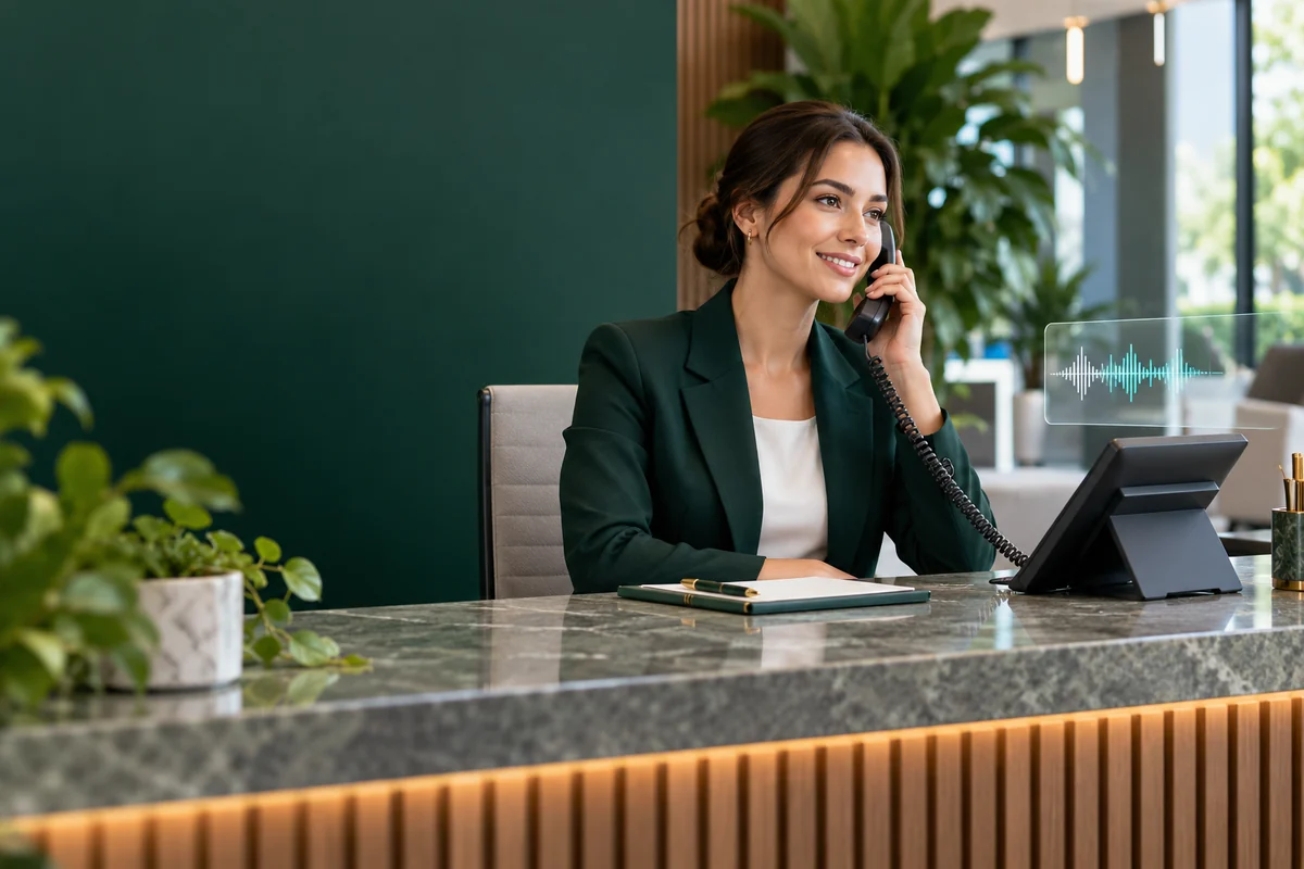 Telefonassistent an einem modernen Empfangsarbeitsplatz