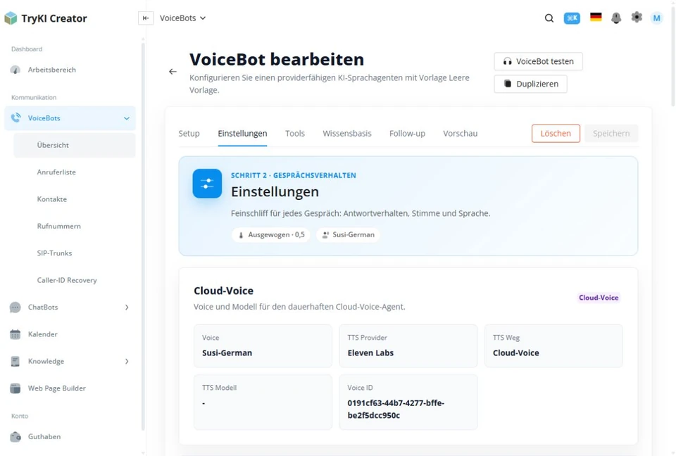VoiceBot-Einstellungen für Sprache, Geschwindigkeit und Begrüßung