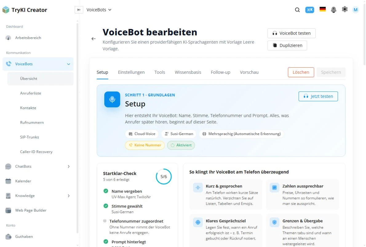 VoiceBot-Setup im TryKI Dashboard mit Name, Provider, Stimme und Sprache
