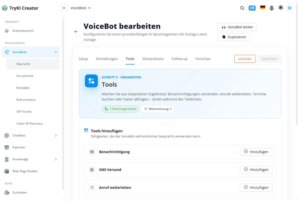 VoiceBot-Tools für Benachrichtigung, SMS und Anrufweiterleitung